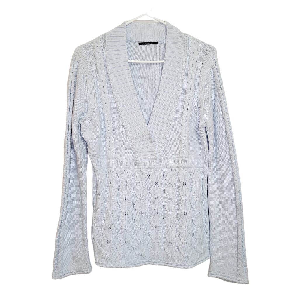 Tahari womens blue fishermans knit v-neck long sleeved sweater size Med